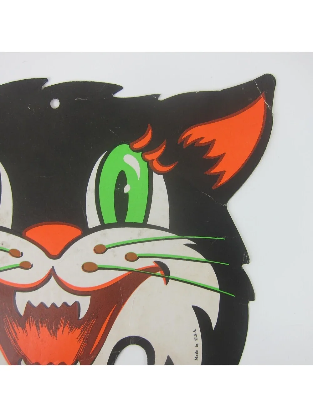 Vintage Beistle Halloween Die Cut Black Cat Face Green Eyes Orange & White 1970s